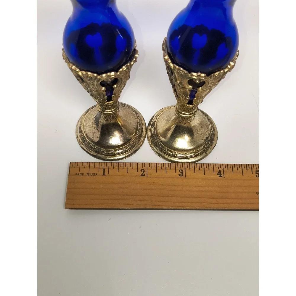 Vintage Cobalt Blue Mini Glass Bud Vase Ornate Metal Stand Set Victorian Style‎